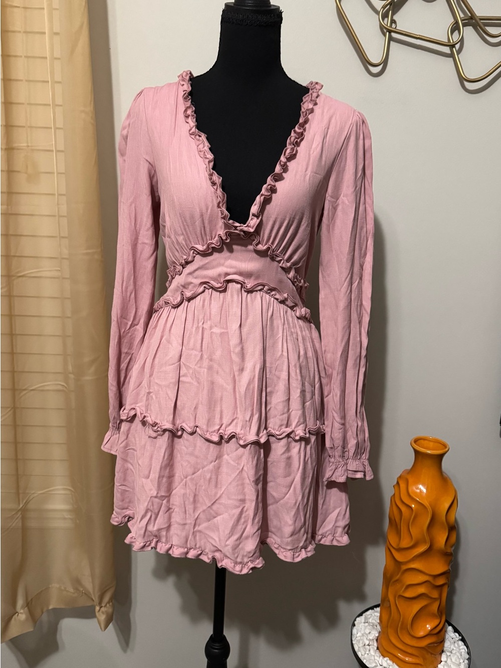 Blush Pink Ruffle V-Neck Long Sleeve Mini Dress